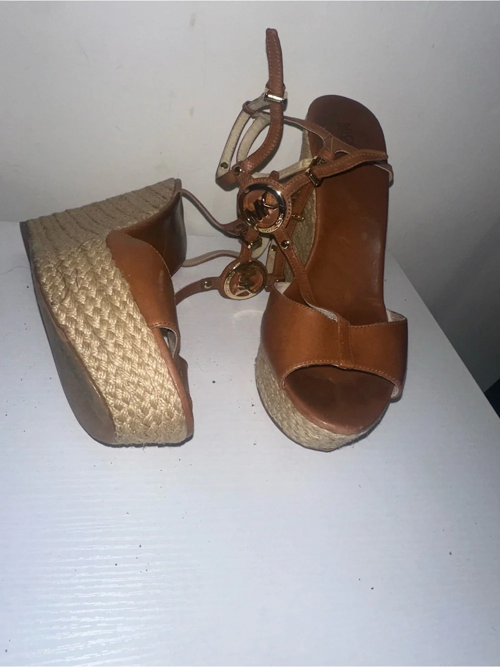 Michael Kors Tan Brown Woven Espadrille Wedge Sandals